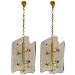 Pair of Vintage Glass and Brass Pietro Chiesa Style Lanterns or Chandeliers 9