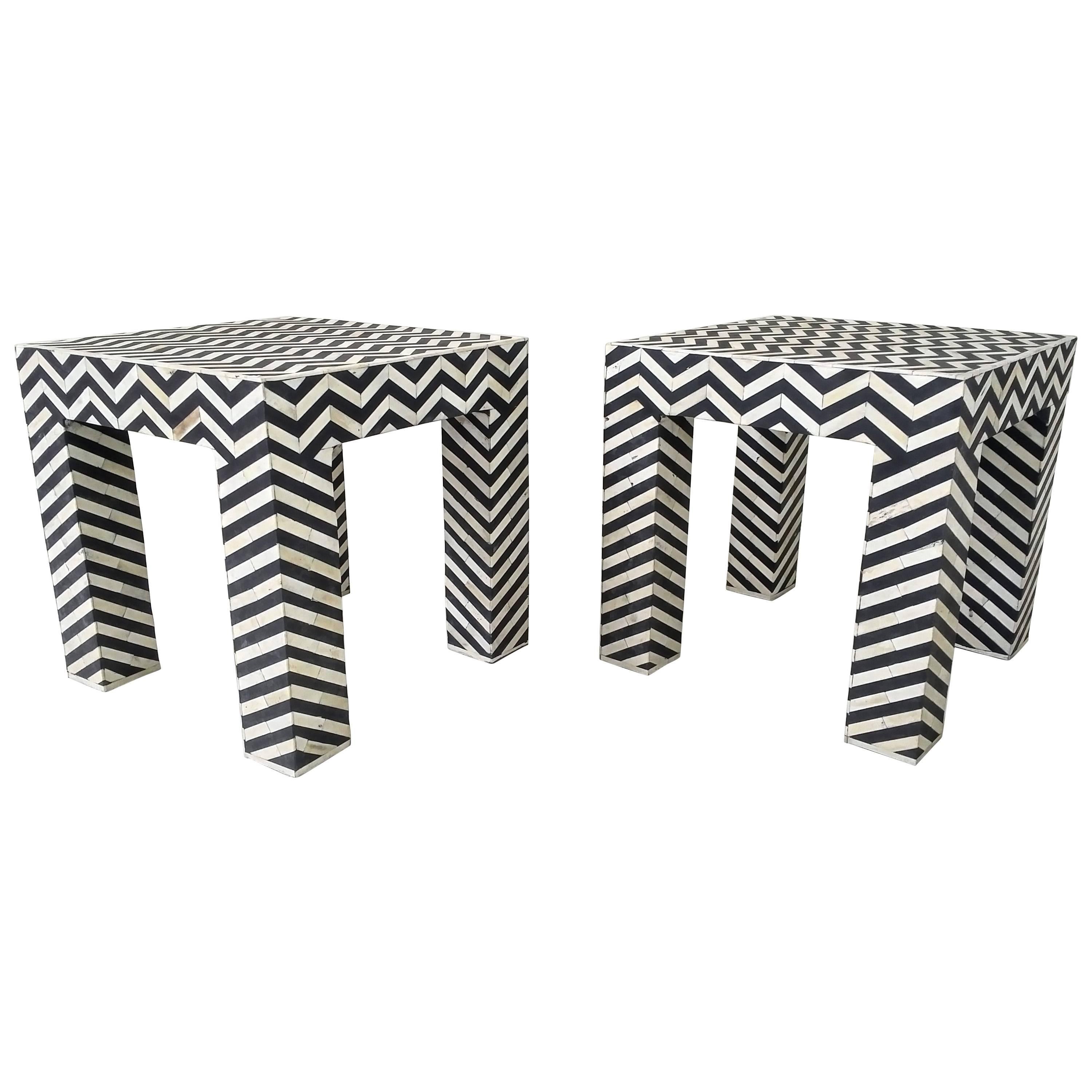 Geometric Patterned Black and White Bone Inlay Side Tables