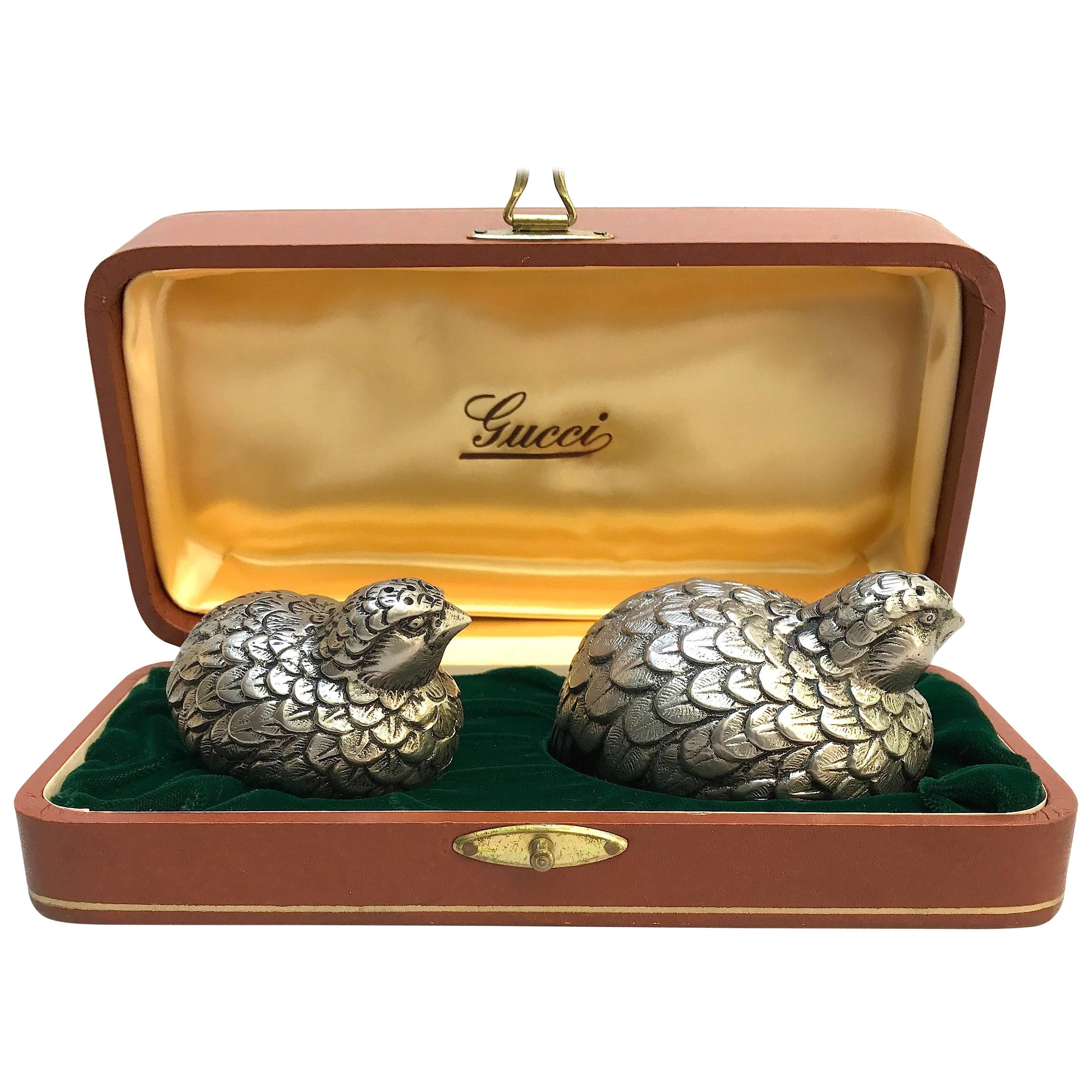Gucci Vintage Salt and Pepper Shakers Gift Box Silver Plated Pewter Quails