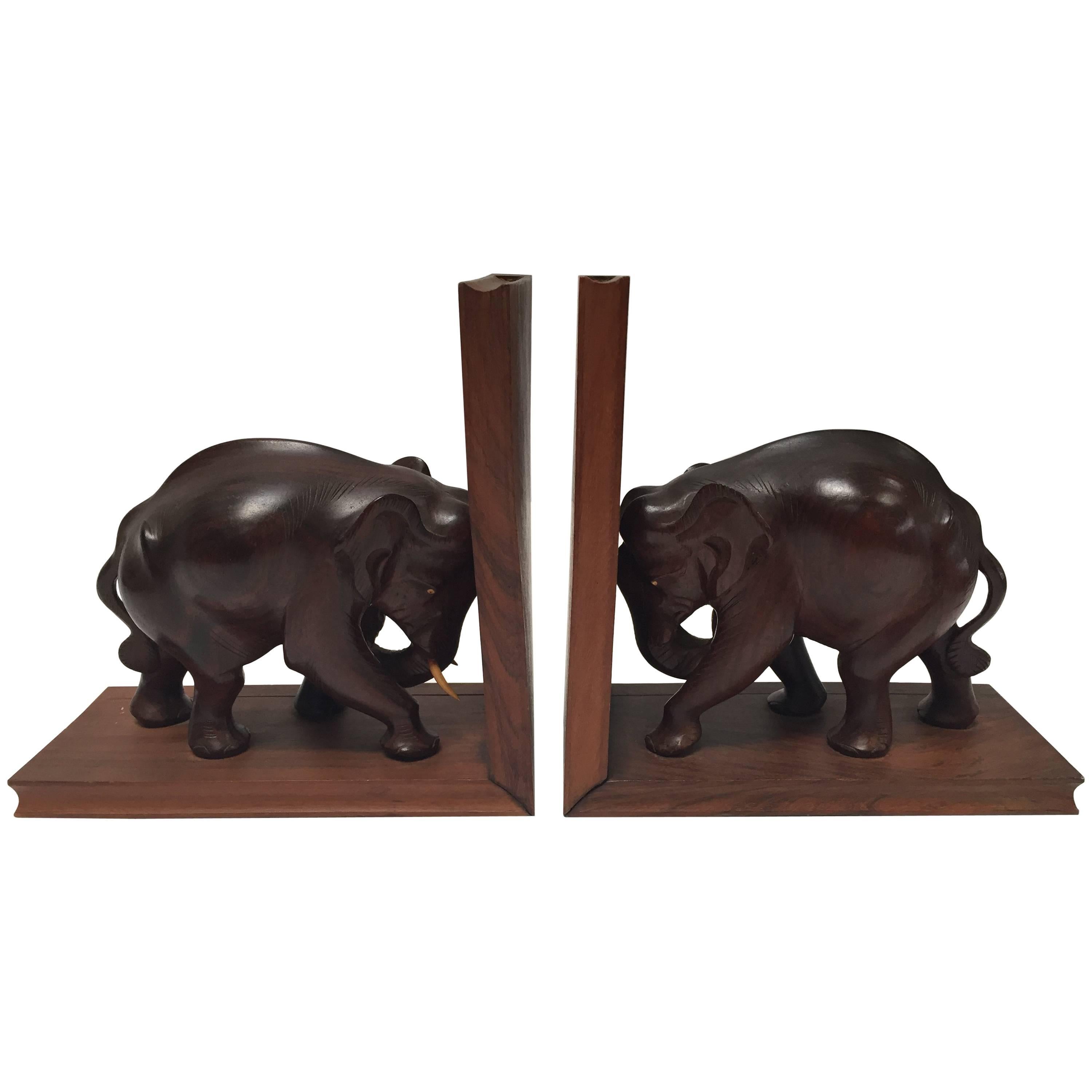 Hand-Carved Wooden Elephant Bookends, circa 1950