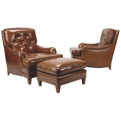 Early 20th Century Leather Library Club Chairs and Ottoman