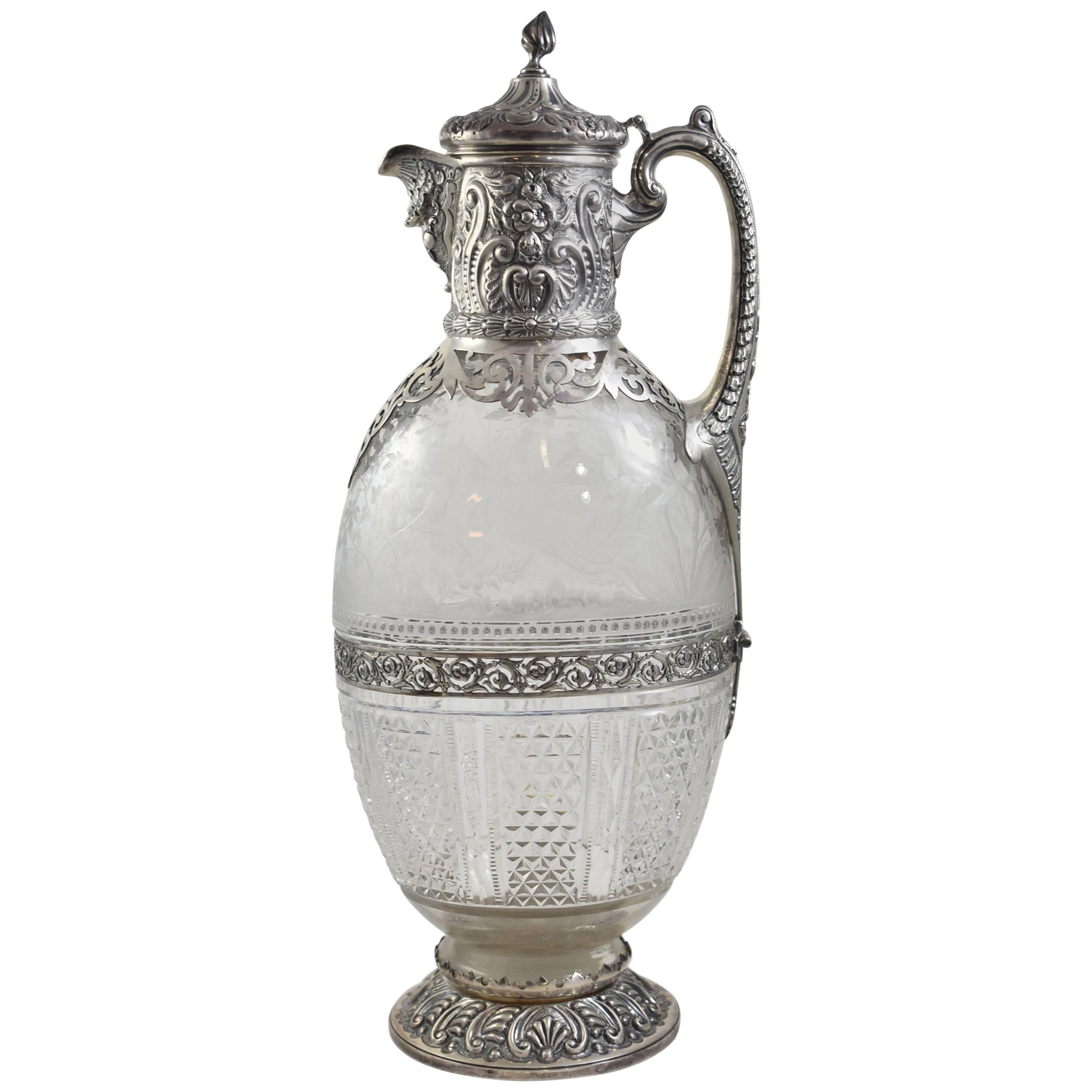 19th Century Sterling Silver and Etched Glass Pitcher by George Elder