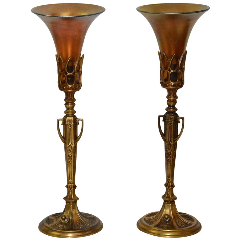 Pair of Art Deco Bronze Lamps with Iridescent Shades For Sale at 1stdibs
