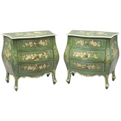 Pair of Small Italian Florentine Green Painted Bombe Commodes Chests Nightstands
