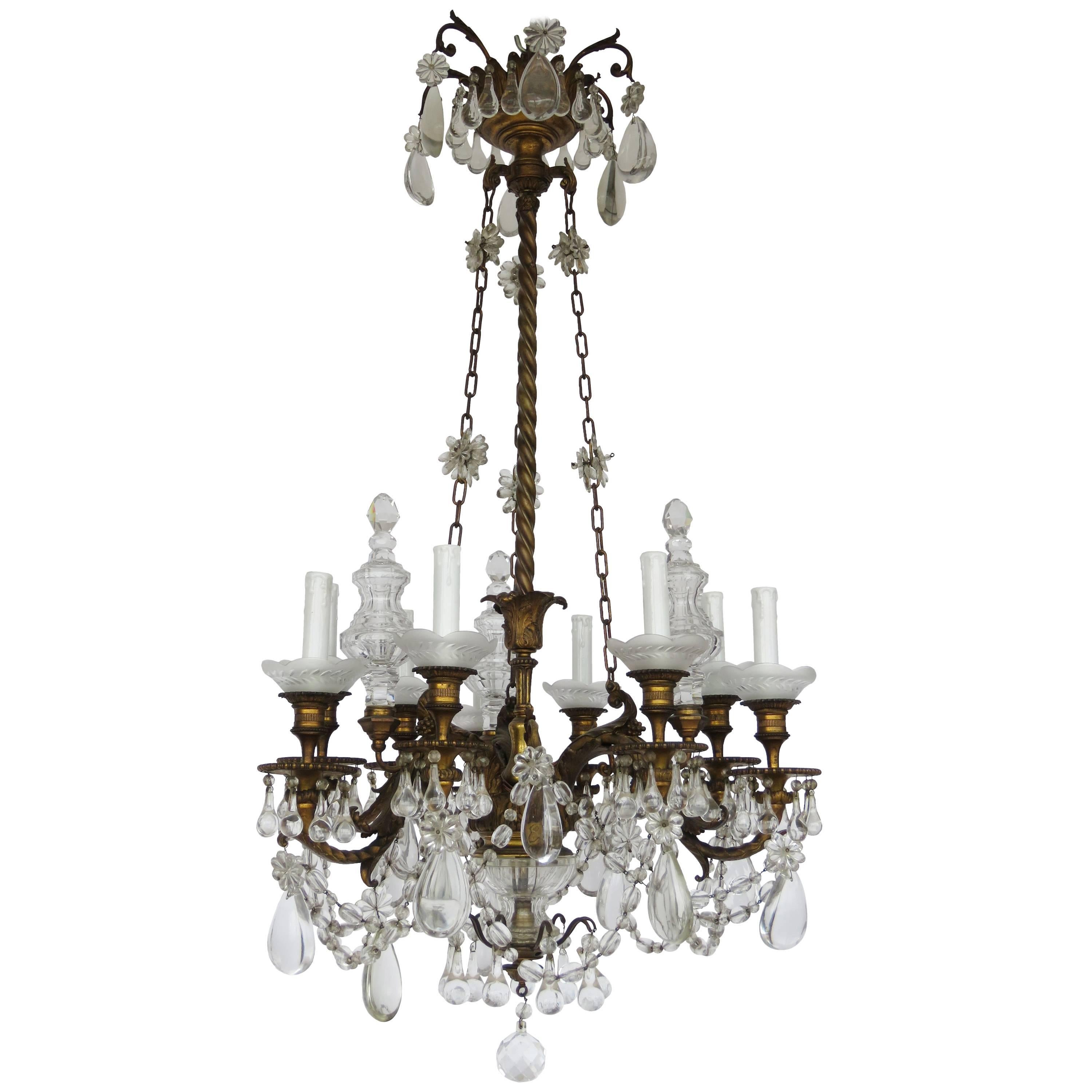 19h Century Baccarat Bronze and Glass Chandelier For Sale
