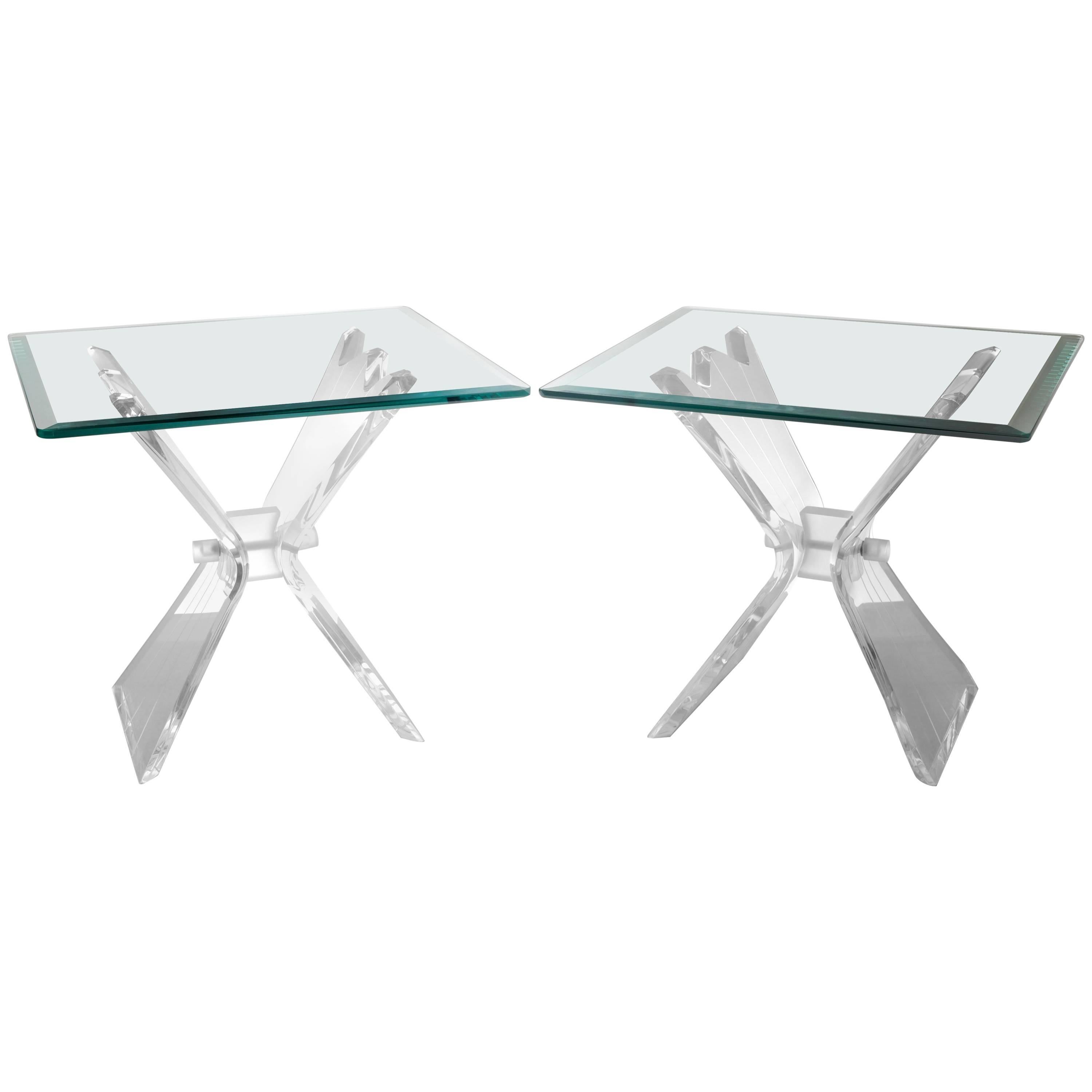 Pair of Mid Century Modern Lion in Frost Lucite Butterfly Glass Top End Tables