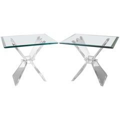 Pair of Mid Century Modern Lion in Frost Lucite Butterfly Glass Top End Tables