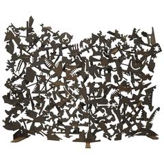 Mid-Century Brutalist Iron Petroglyph Sculpture Fireplace Screen Paul Evans Era