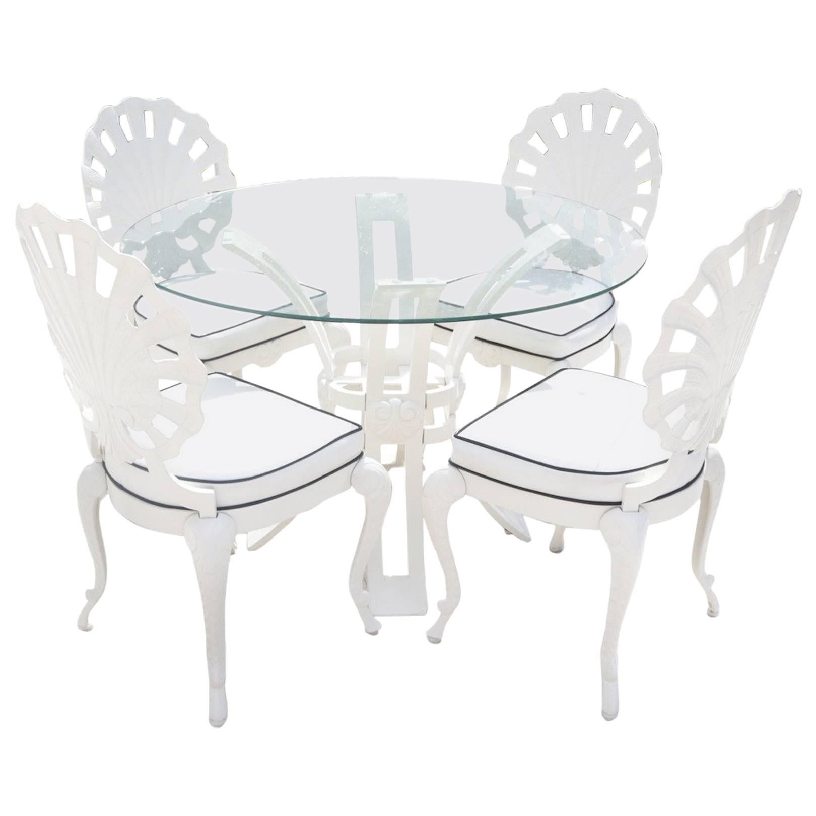 Brown Jordan Grotto Shell Back Chairs and Round Glass Top Table in White
