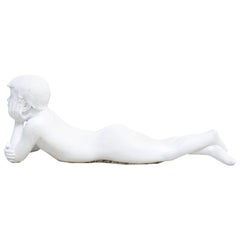 Mid Century, Reclining Nude Male Sculpture in a White Marble Concrete Compositio