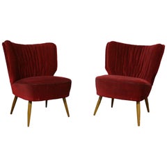 Pair of Red Velvet Cocktail Chairs, 1950s