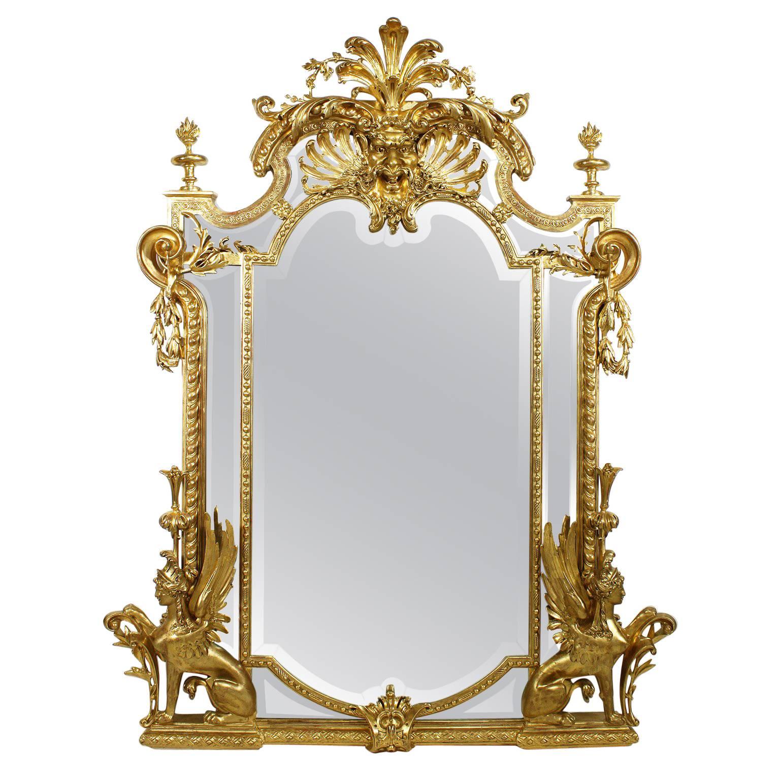 French Empire Style 19th Century Napoleon III Giltwood Mirror with Sphinxes