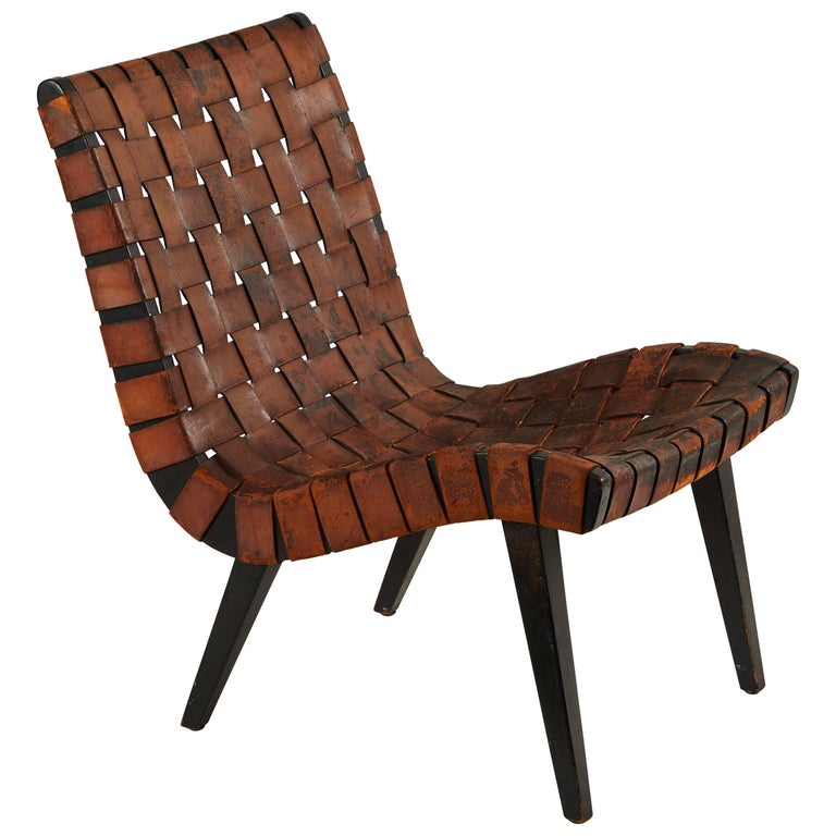 Early Woven Leather Lounge Chair by Jens Risom for Knoll at 1stDibs