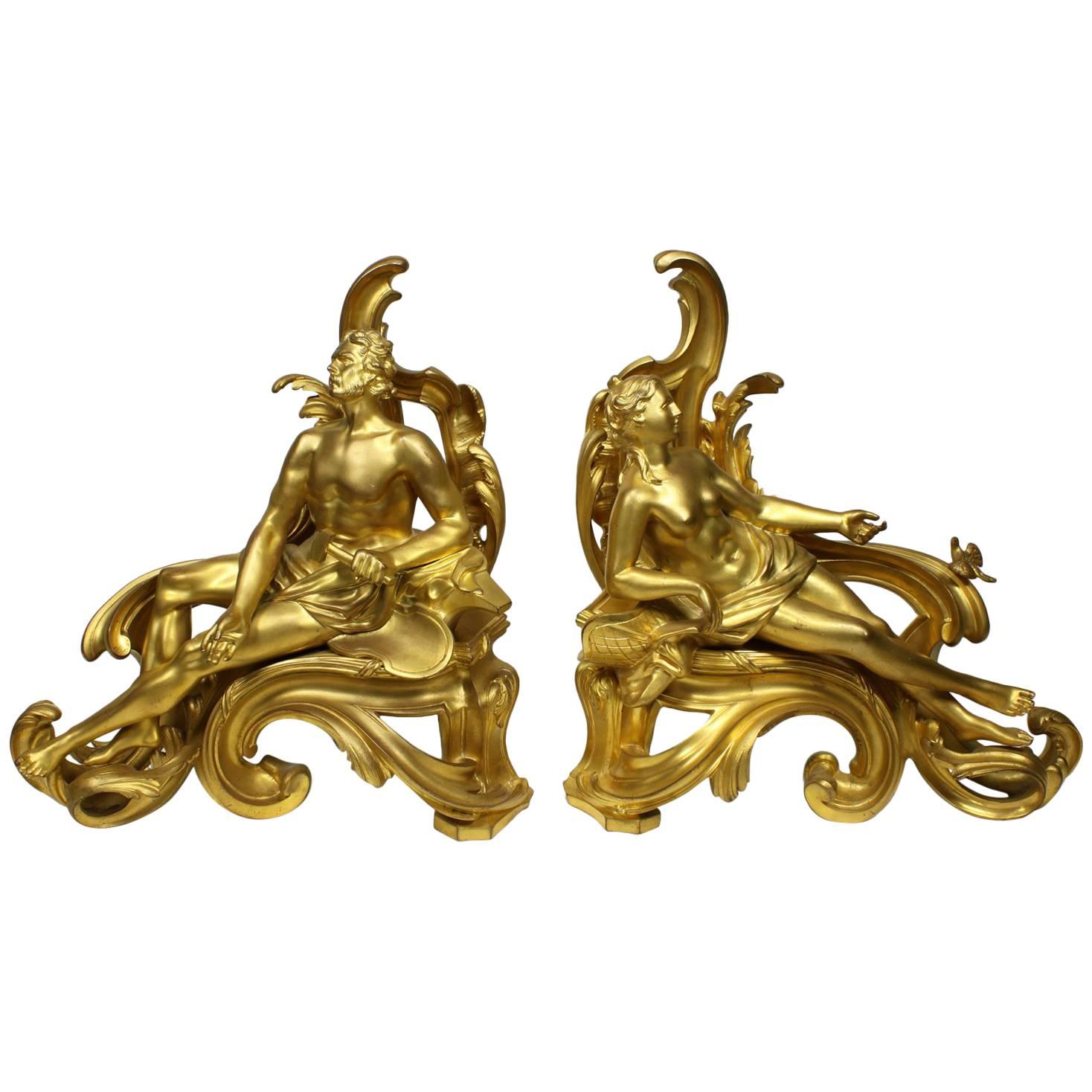 Pair of French 19th Century Louis XV Style Gilt Bronze Chenets by Bouhon Frers For Sale