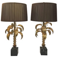 Gold-Plated Palm Tree Table Lamps by Jansen, Pair