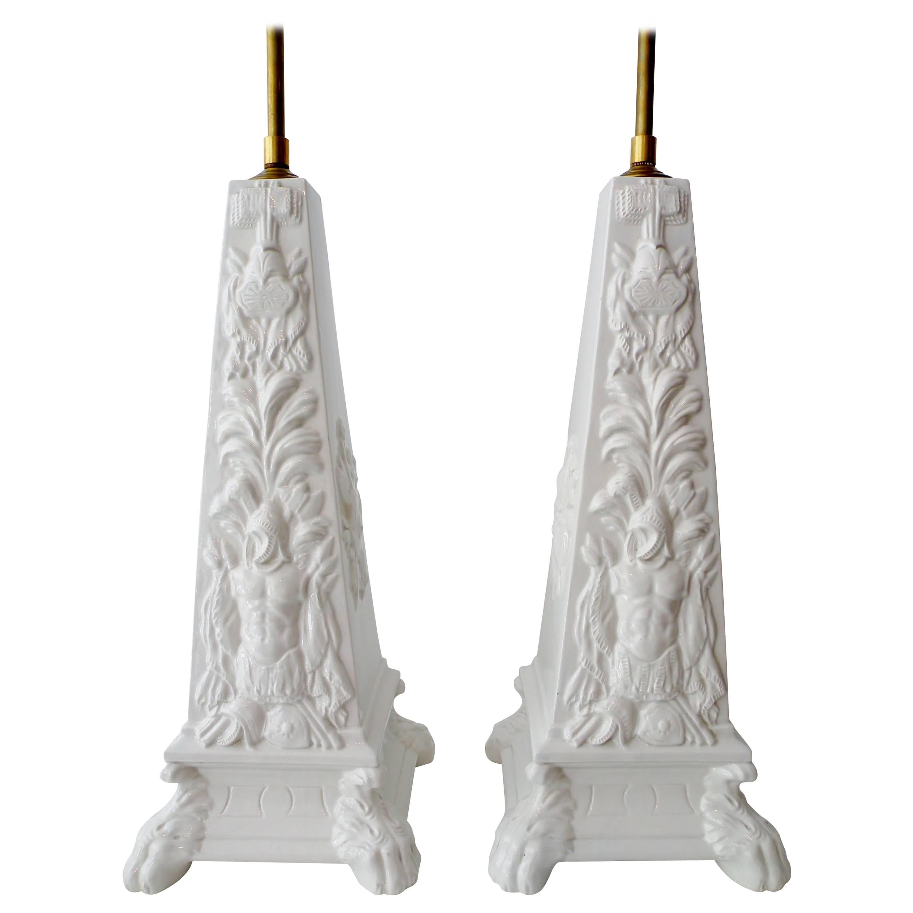 Mottahedeh Blanc de Chine Classical Obelisk Pair Table Lamps Italian Ceramic For Sale