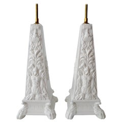 Mottahedeh Blanc de Chine Classical Obelisk Pair Table Lamps Italian Ceramic