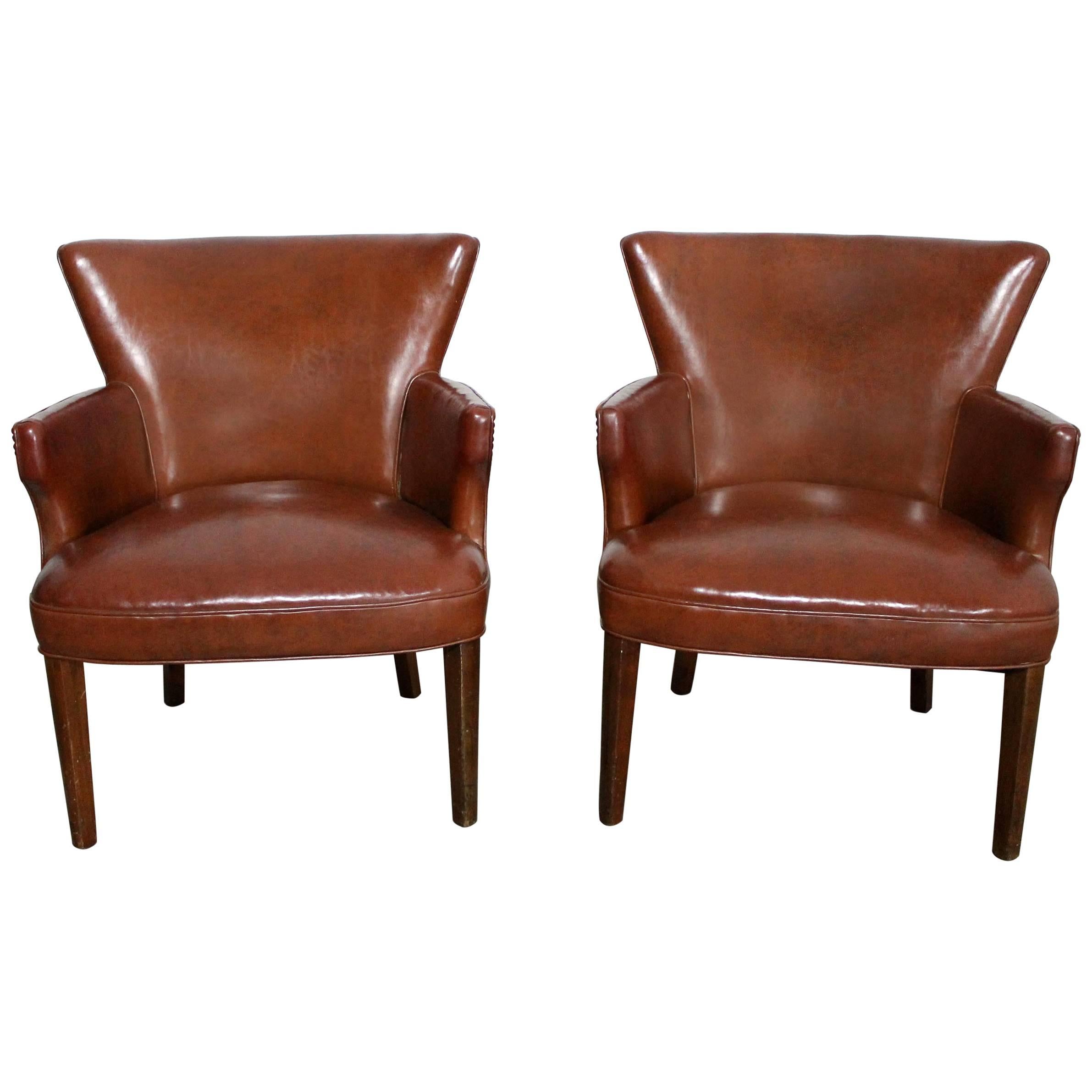 Art Deco Pair of Petite Brown Faux Leather Armchairs with Nail Head Accent