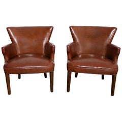 Art Deco Pair of Petite Brown Faux Leather Armchairs with Nail Head Accent