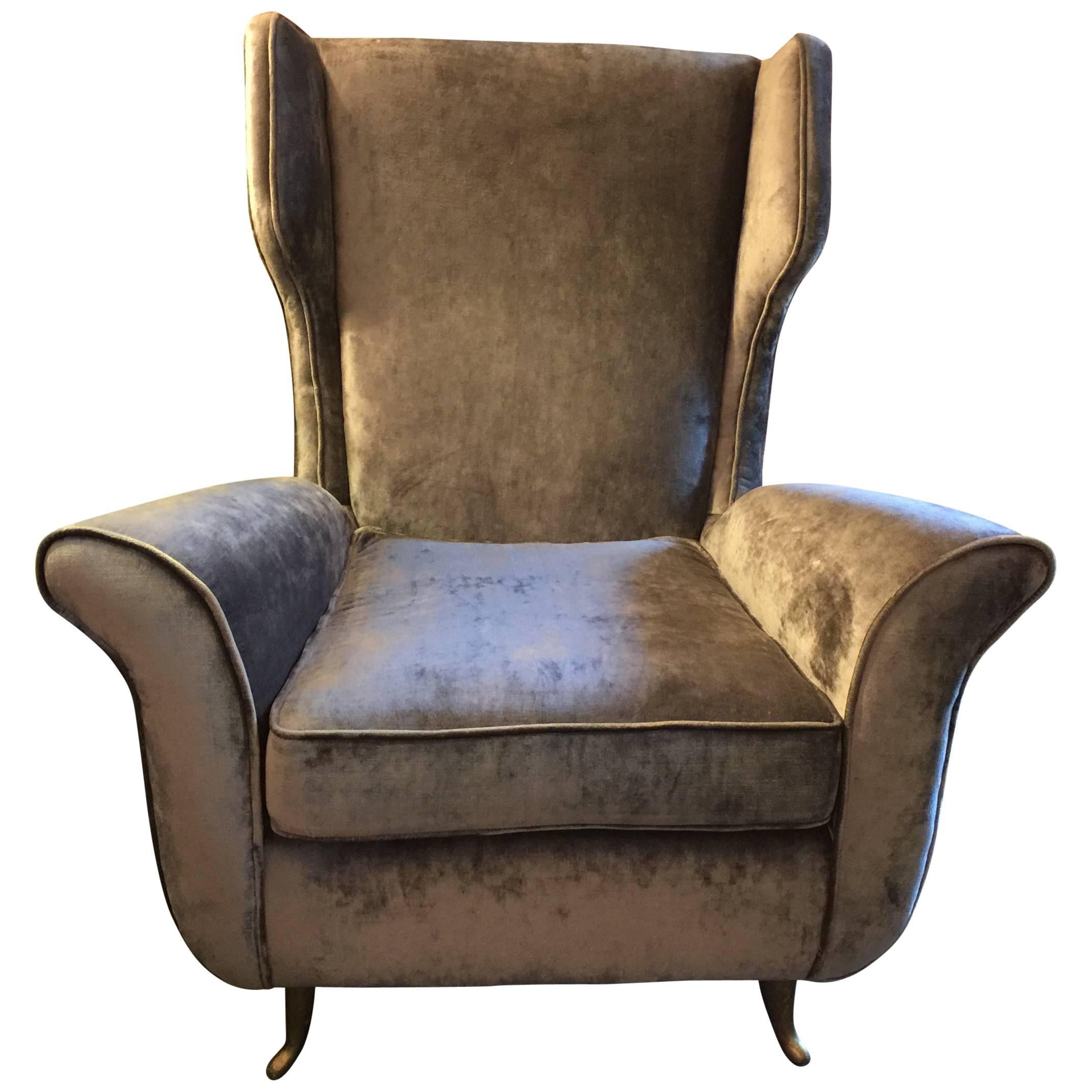 Italian Flared Armchairs in Rich Grey Mohair Velvet, Pair