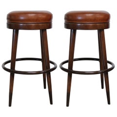 Pair of Cognac Leather and Wood French Bar Stools