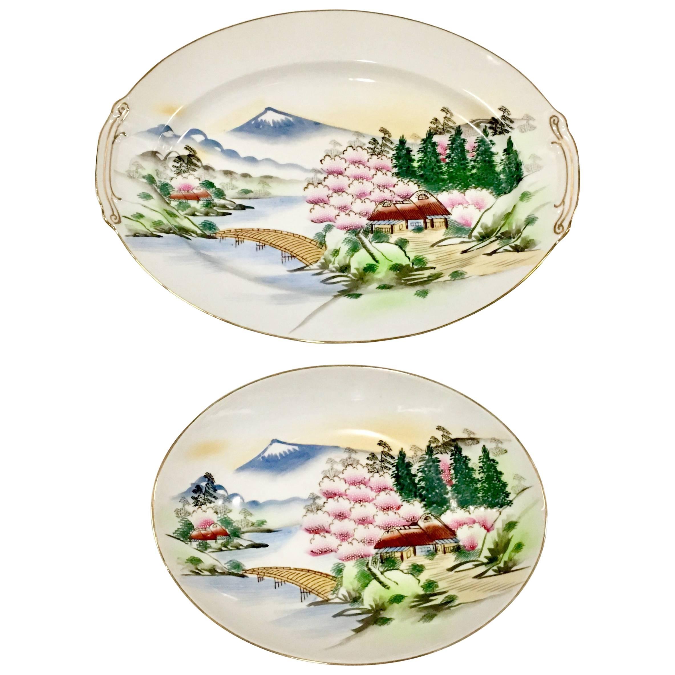 1950's Japanese Kutani Ceramic "Mt Fuji" Serving Pieces, Set of Two