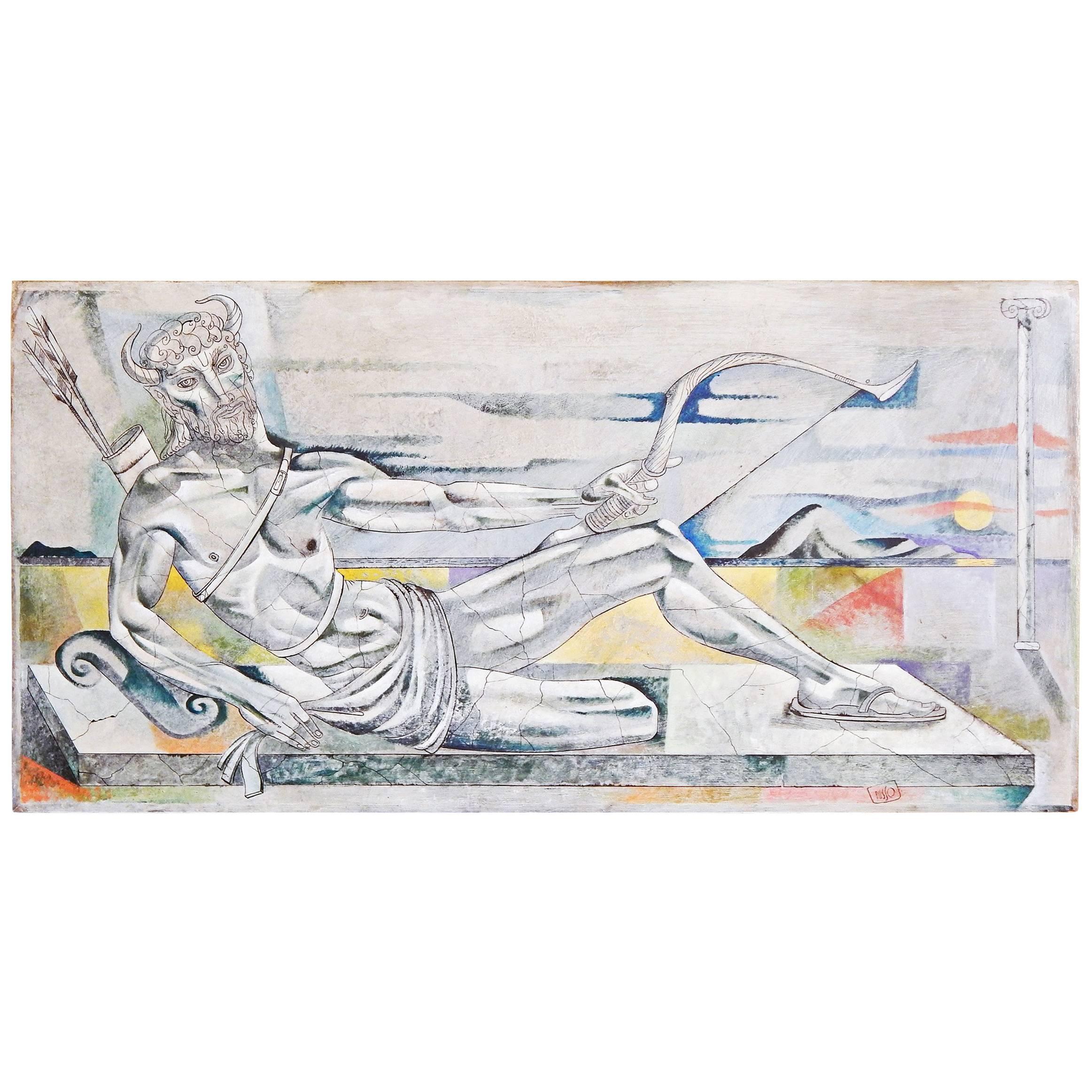 Großes Art-Déco-Gemälde „Actaeon“ von Hollywood-Figur, Mitte des Jahrhunderts