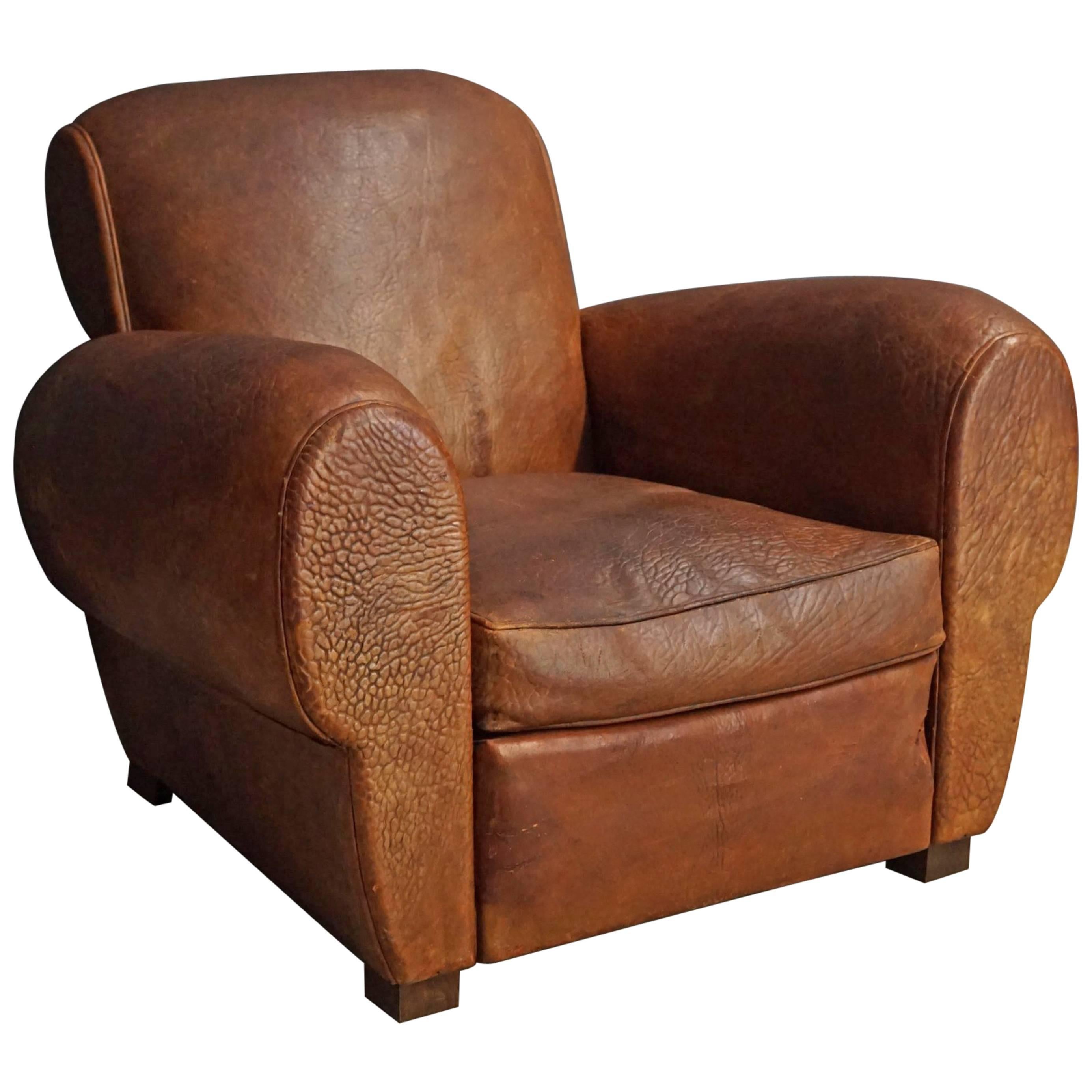 French Cognac Leather Club Chair, 1940s