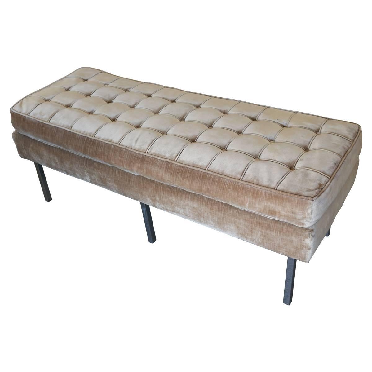 Tufted Velvet Bench Seating with Chrome Legs Attributed to Milo Baughman