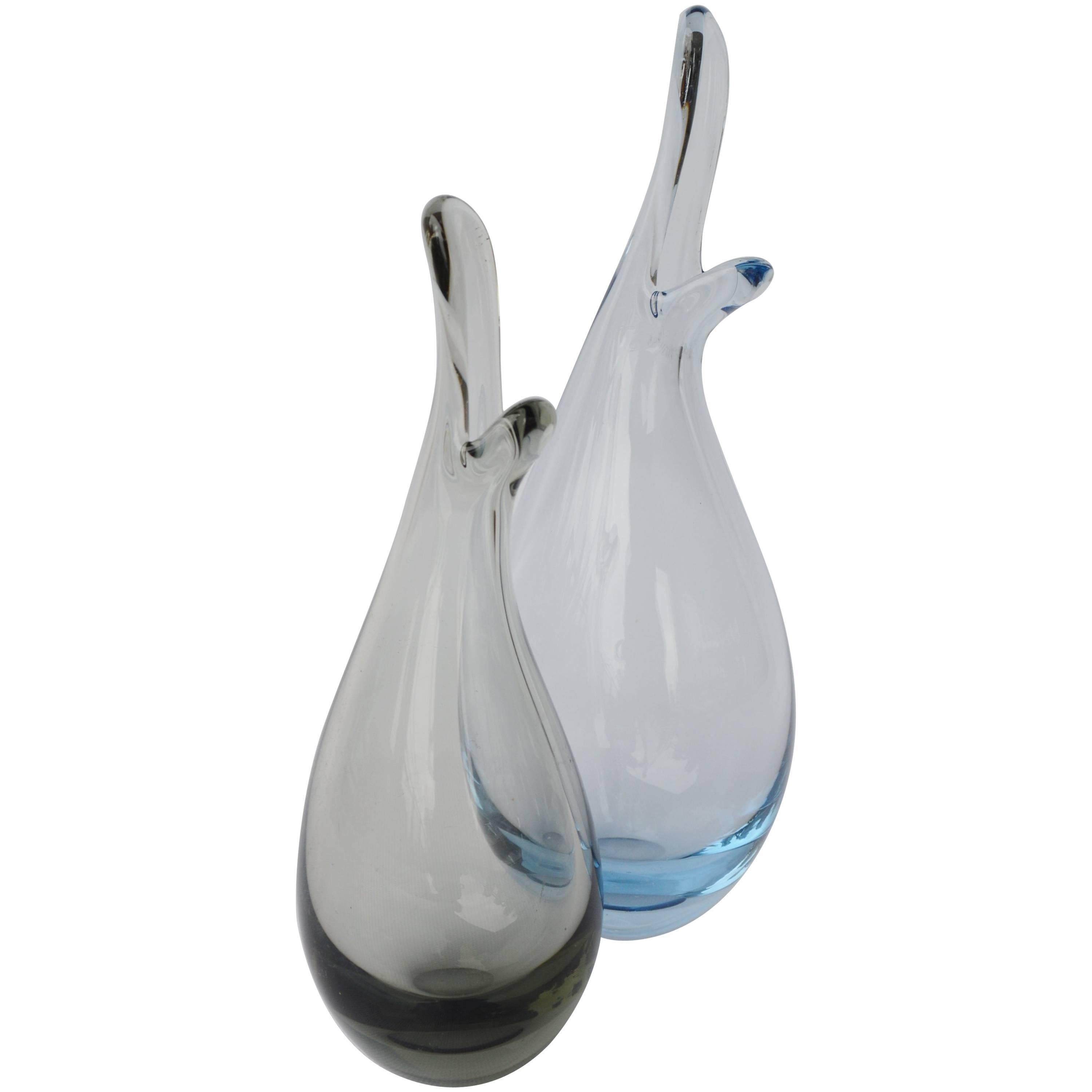 Pair of Per Lutkin Duckling Vases for Holmegaard, Denmark, Blown Glass For Sale