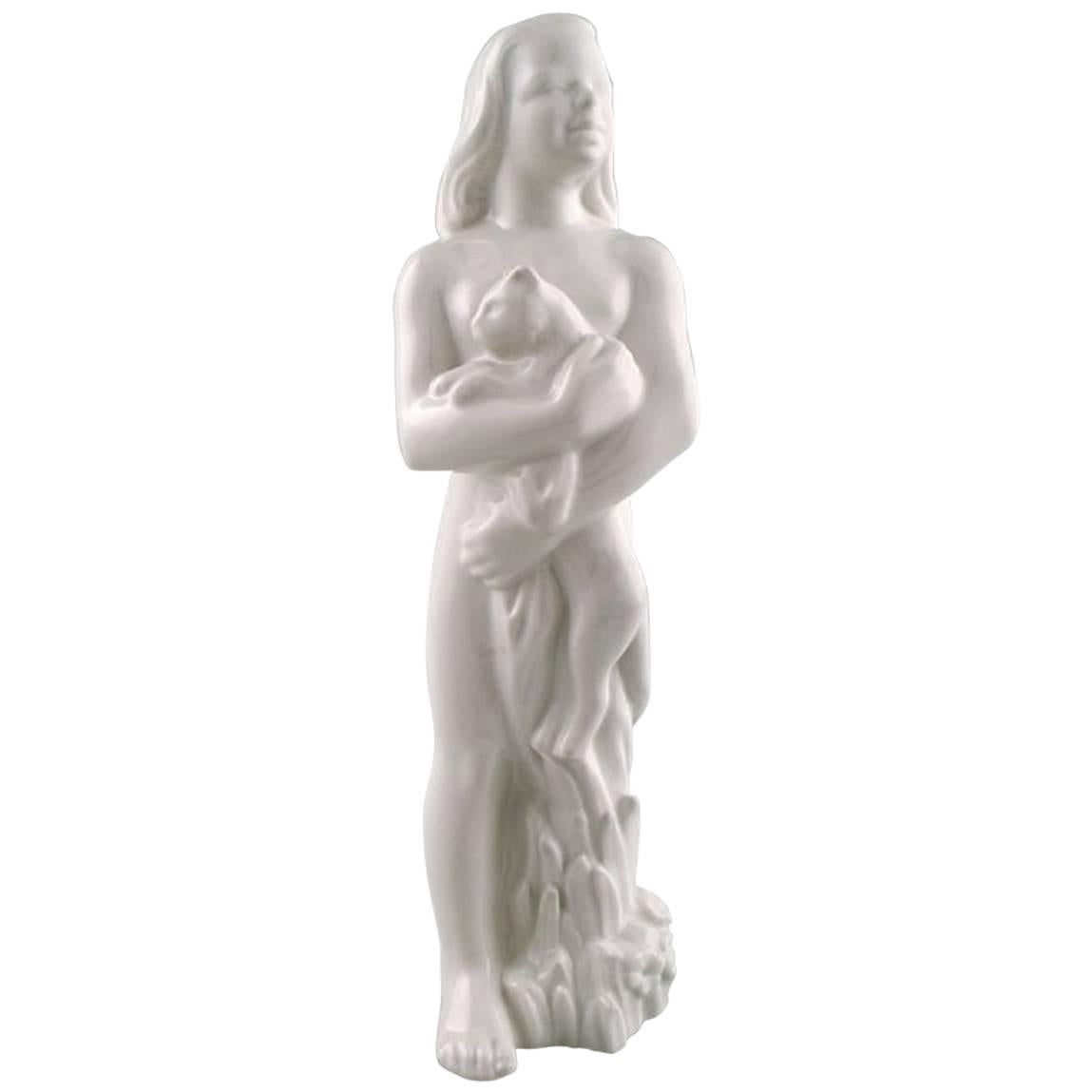 Harold Salomon for Rorstrand, White Glazed Figure of a Girl with Cat For Sale