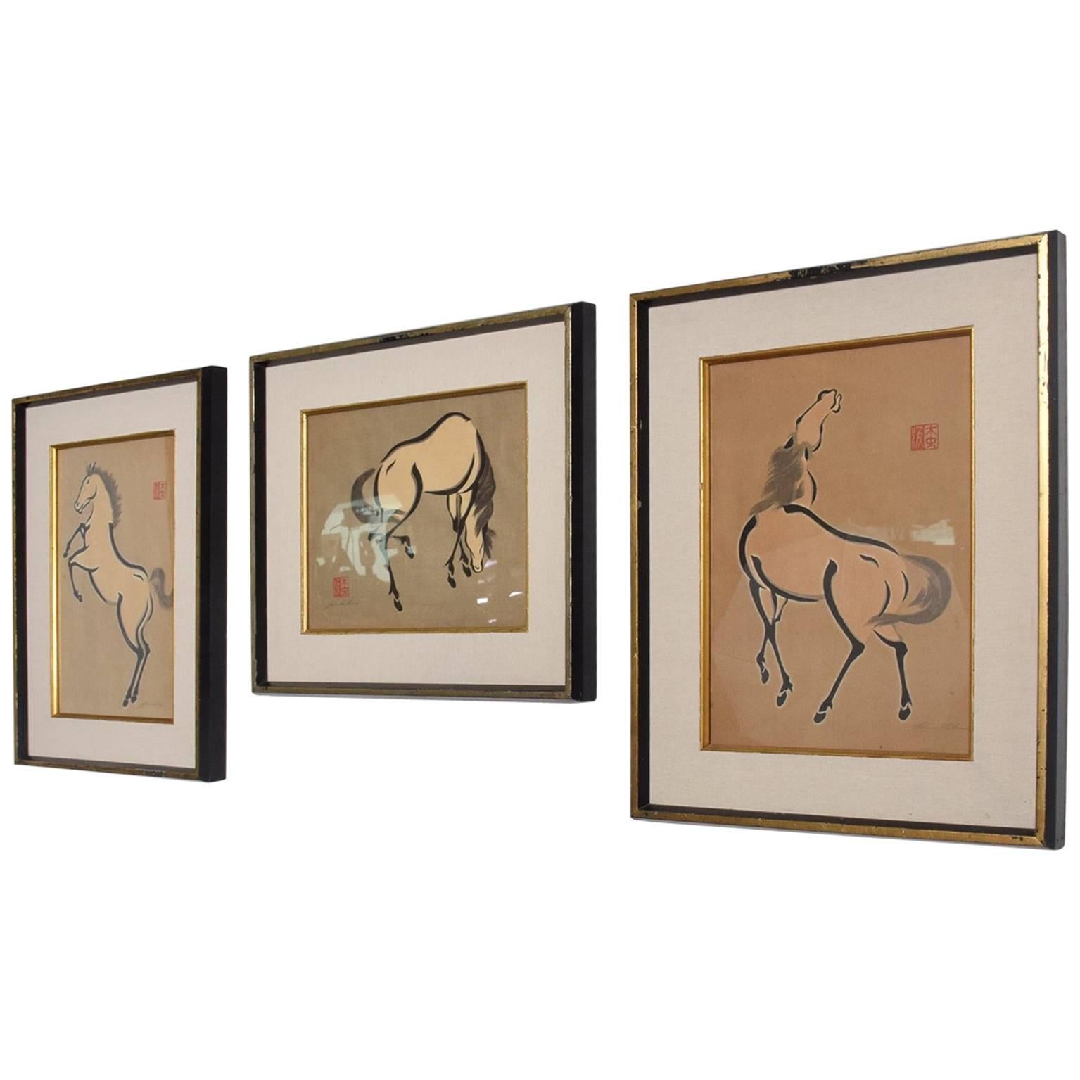 Set of Three Wood Block Japanese Horse Prints Urushibara Mokuchu