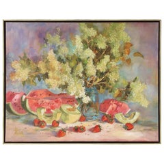 Large American School Still Life Painting on Canvas