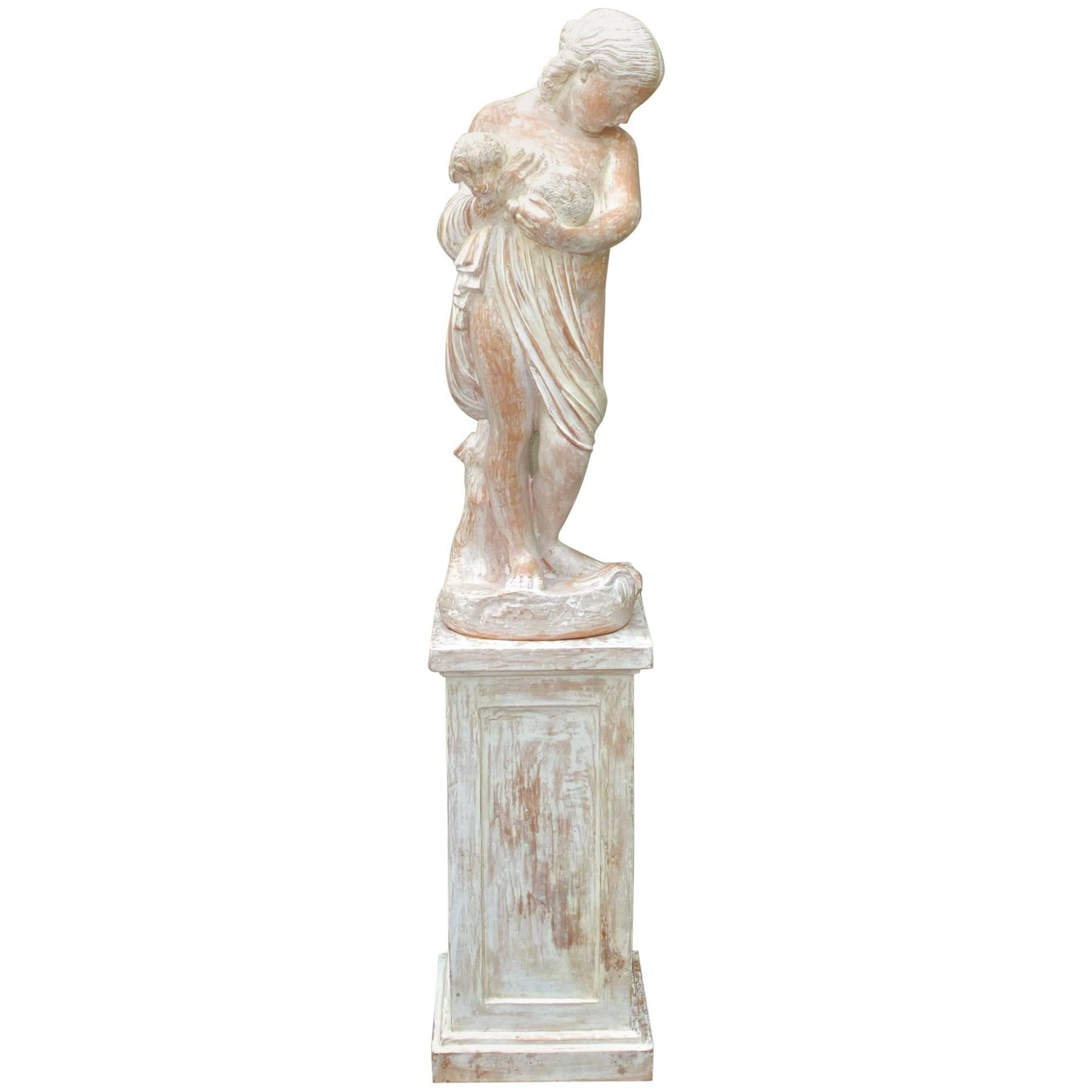 Terracotta Statue of Woman on Plinth For Sale