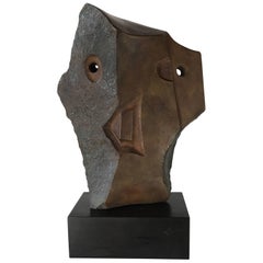 Modernist Bronze Angular Head Sculpture by Christian Roesch