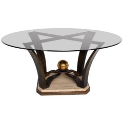 Mexican Modernist Oval Dinning Table Base Bronze and Travertine 8