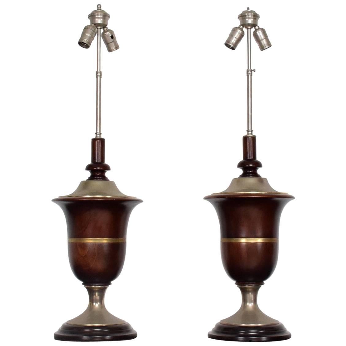 Pair of Neoclassical Table Lamps in Mahogany & Nickel-Plated, Mexican Modernist