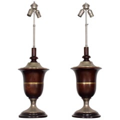 Pair of Neoclassical Table Lamps in Mahogany & Nickel-Plated, Mexican Modernist 11