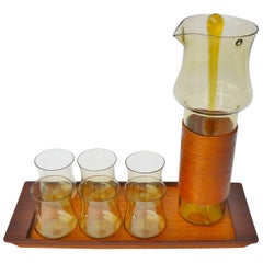 Goran Warff Pukeberg Amber Glass Pitcher & Six Glasses, Stir Stick & Teak Tray