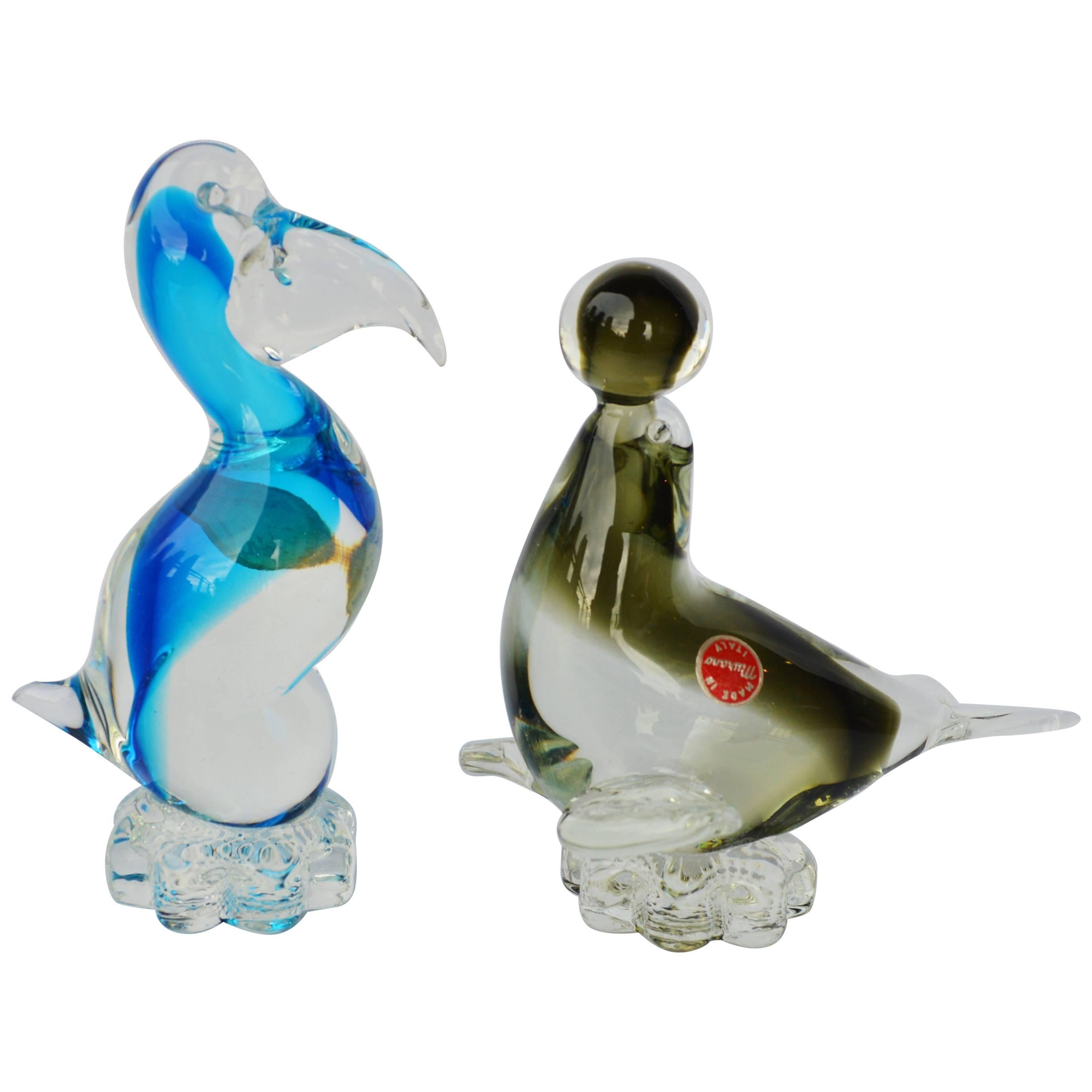 Murano Glass Figurines, Pelican in Blue and Seal in Smoked Glass For Sale