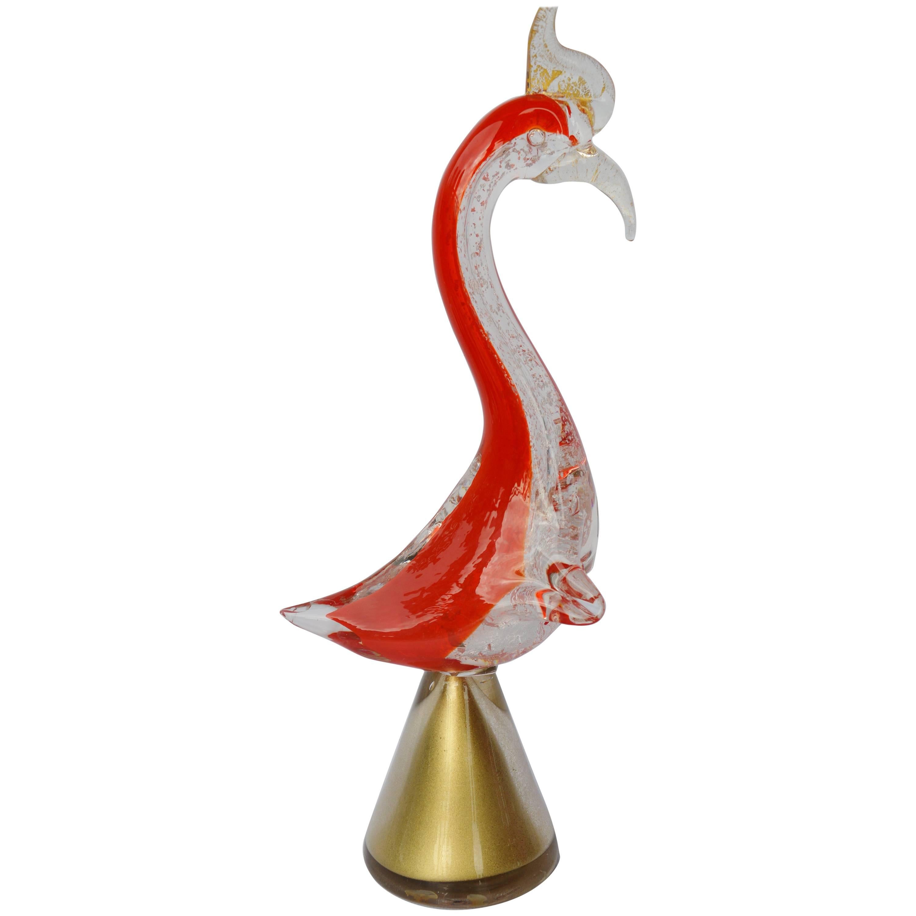 Large Mid-Century Murano Glass Rooster Figurine on Gold Base For Sale