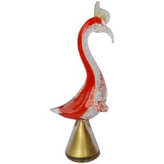 Retro Large Mid-Century Murano Glass Rooster Figurine on Gold Base