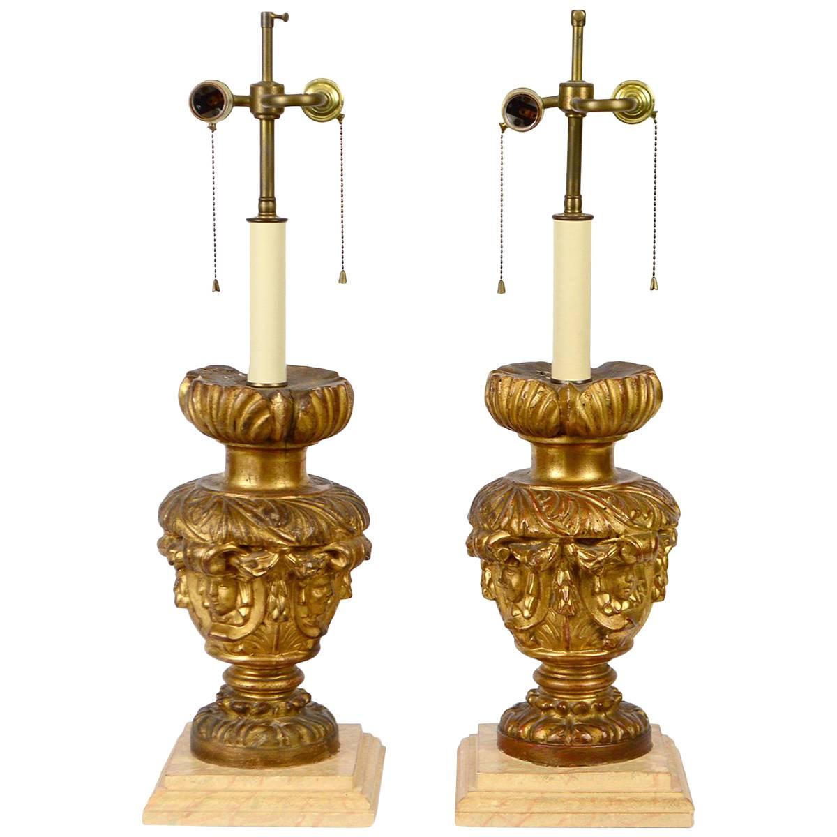 Pair of 18th-19th Century Carved Italian Giltwood Lamps