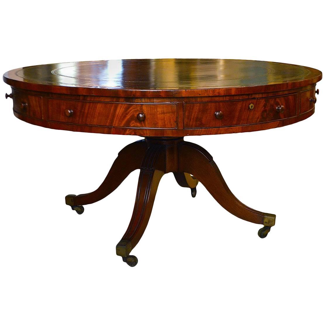 19th Century Mahogany Leather Top Rent Table with 4 Drawers & 4 Faux Drawers