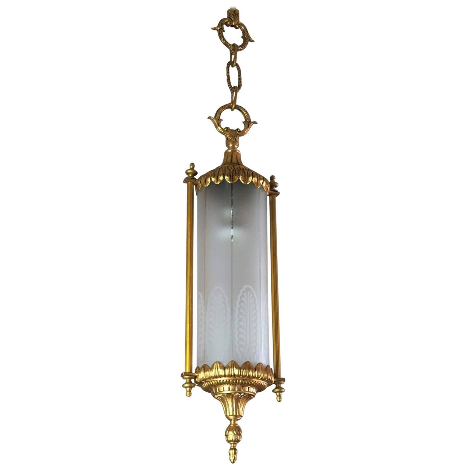 French Gilt Bronze and Etched Glass Cylinder Lantern Pendant, circa 1940