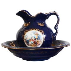 Potuguese Hand-Painted Pottery Cobalt Blue Ewer and Basin in Art Nouveau Style