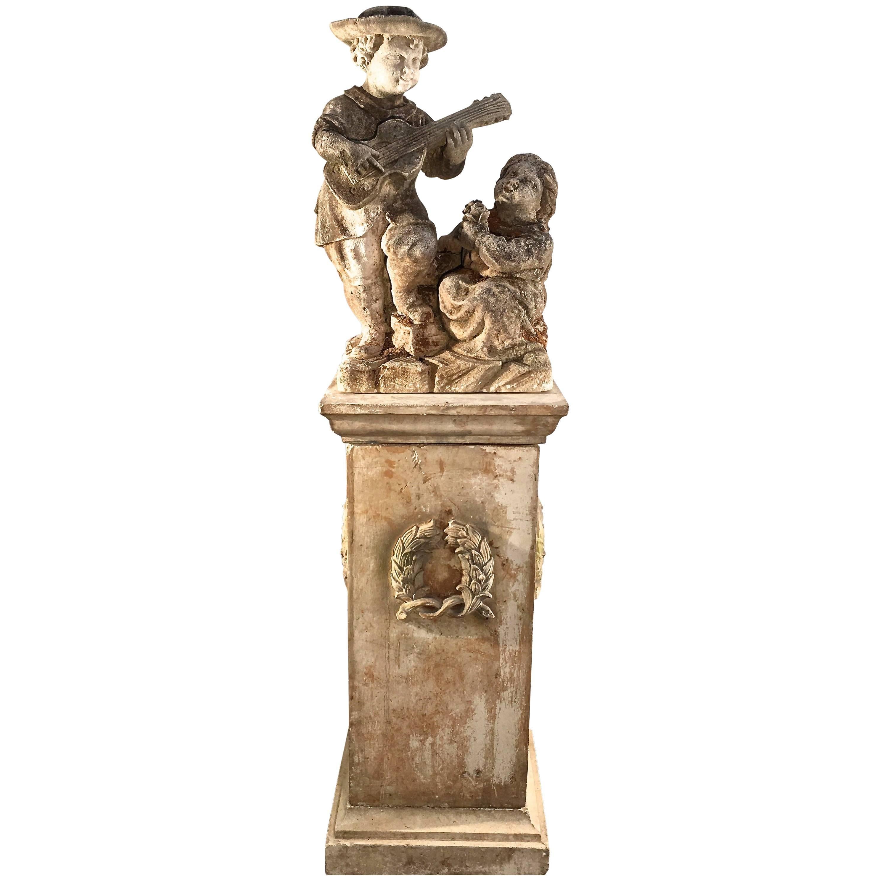 19th Century Hand-Carved Limestone Statue of Children