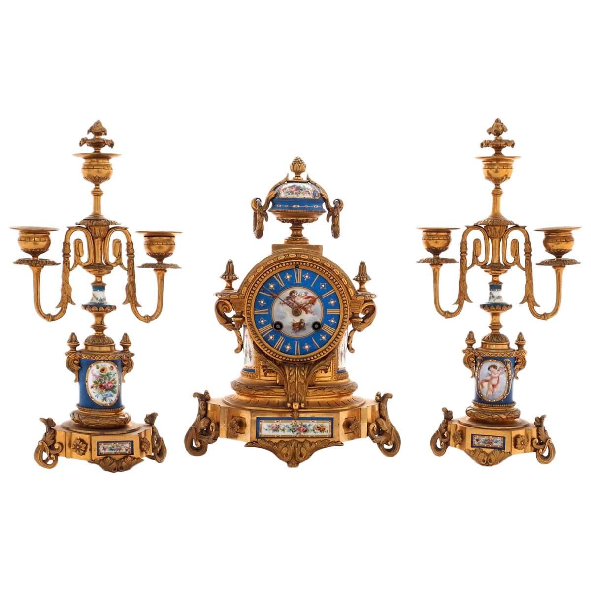19th Century Ormolu and Sevres Porcelain Clock Set For Sale