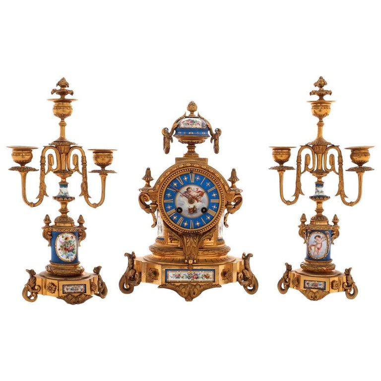 19th Century Ormolu and Sevres Porcelain Clock Set For Sale at 1stDibs