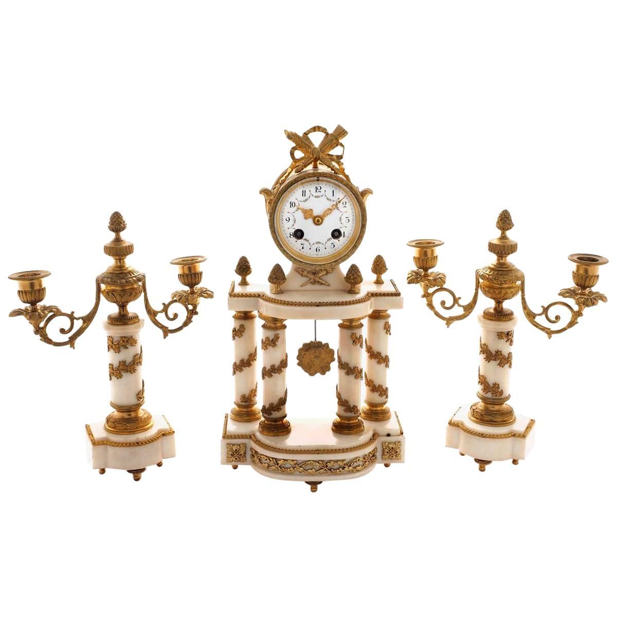 Early 20th Century White Marble and Ormolu Clock Garniture For Sale